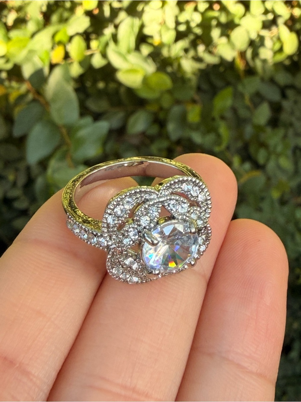 Sterling Silver Halo Flower Engagement Ring with Clear Center Stone - Picture 5 of 7